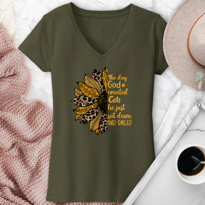 The Day God Created Cats Sunflower V-Neck Tee