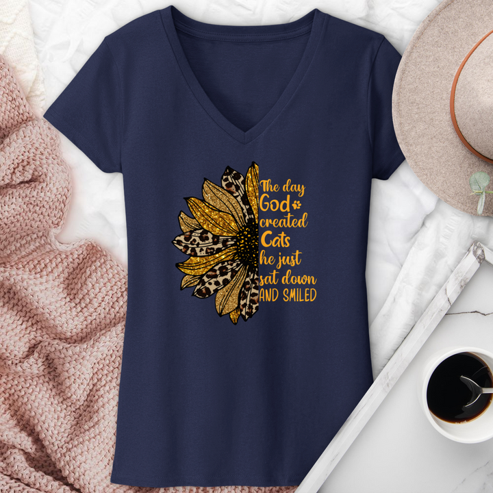 The Day God Created Cats Sunflower V-Neck Tee