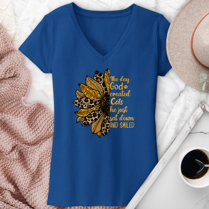 The Day God Created Cats Sunflower V-Neck Tee