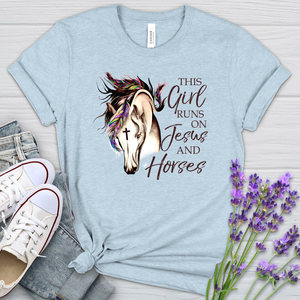 This Girl Runs On Jesus And Horses Heathered Tee