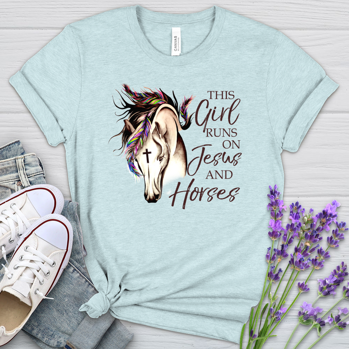 This Girl Runs On Jesus And Horses Heathered Tee