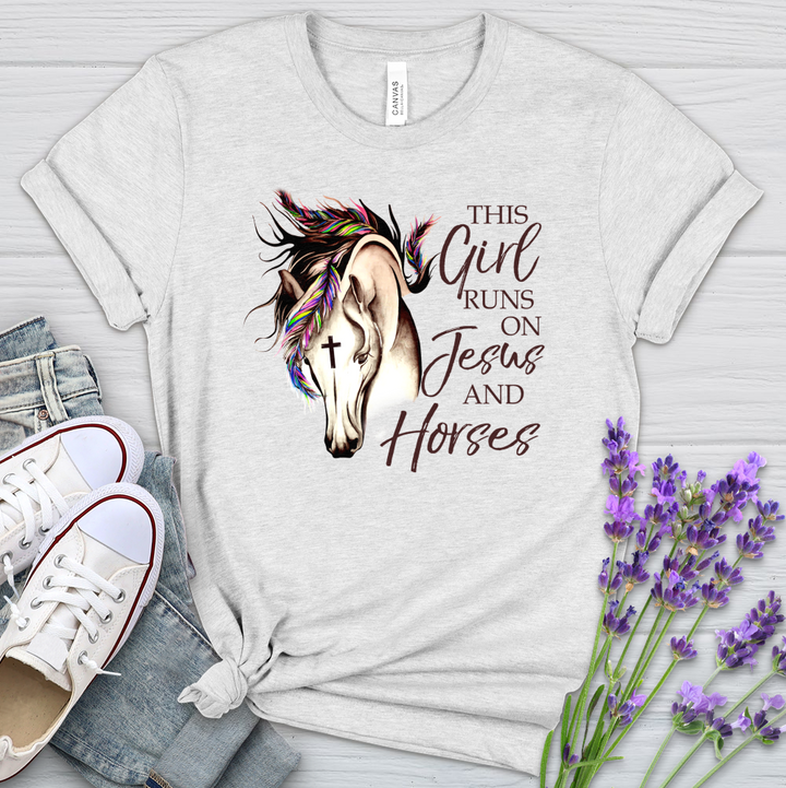 This Girl Runs On Jesus And Horses Heathered Tee