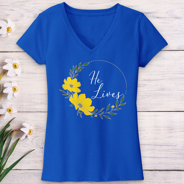 He Lives Flower Wreath V-Neck Tee