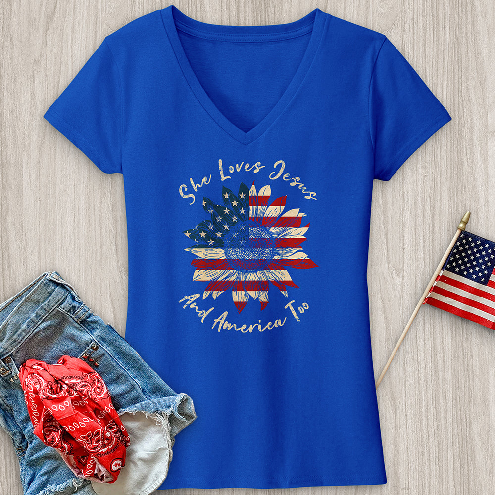 She Loves Jesus V-Neck Tee