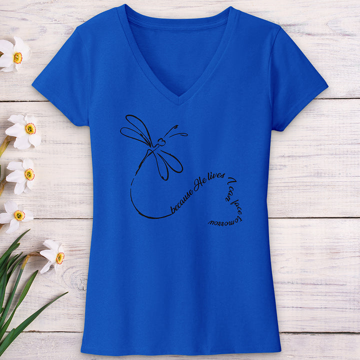 Because He Lives Dragonfly Heart V-Neck Tee