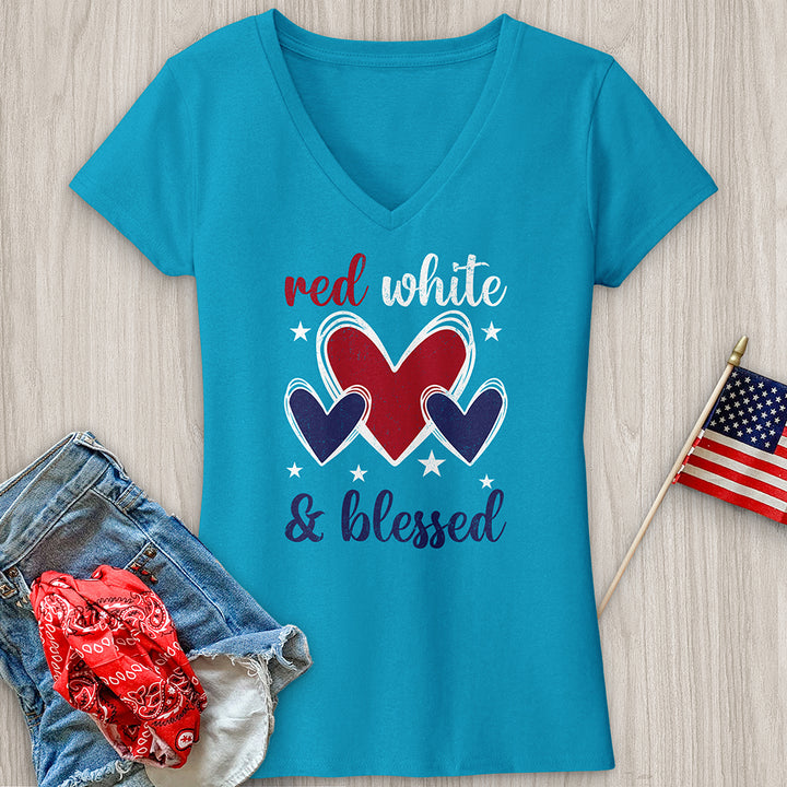 Red White Blessed Hearts V-Neck Tee