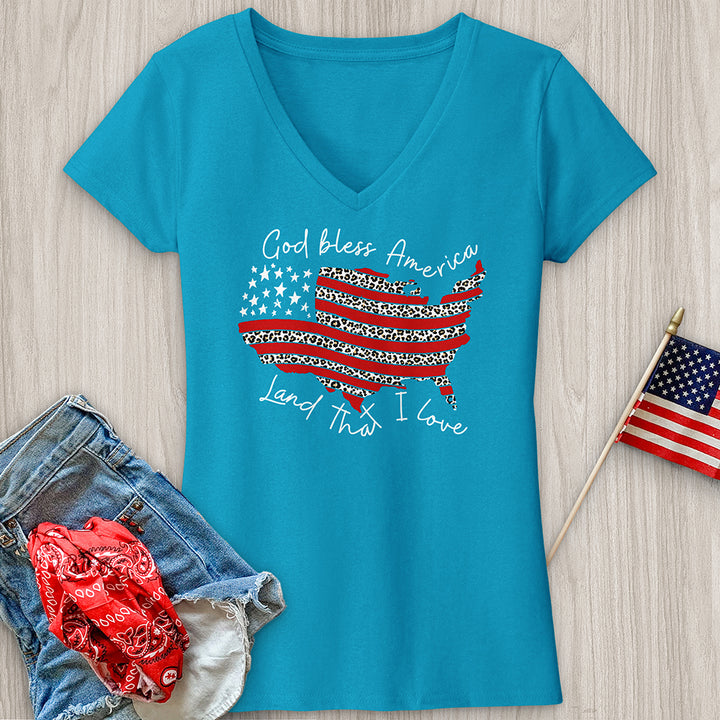 God Bless America Leopard V-Neck Tee