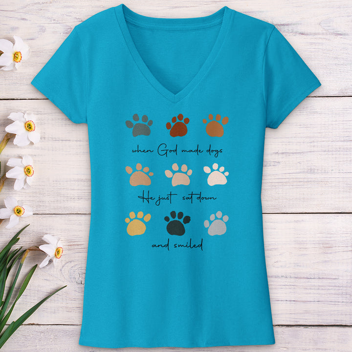 When God Created Dogs Paw Prints V-Neck Tee