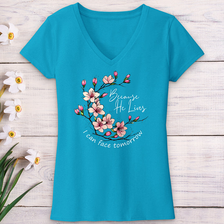 Because He Lives Pink Flowers V-Neck Tee