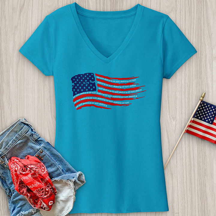 God Bless Word Flag V-Neck Tee