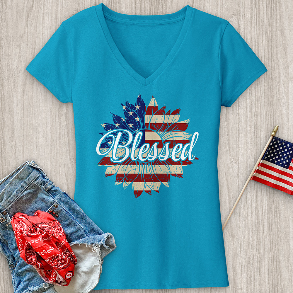 Blessed American Sunflower V-Neck Tee