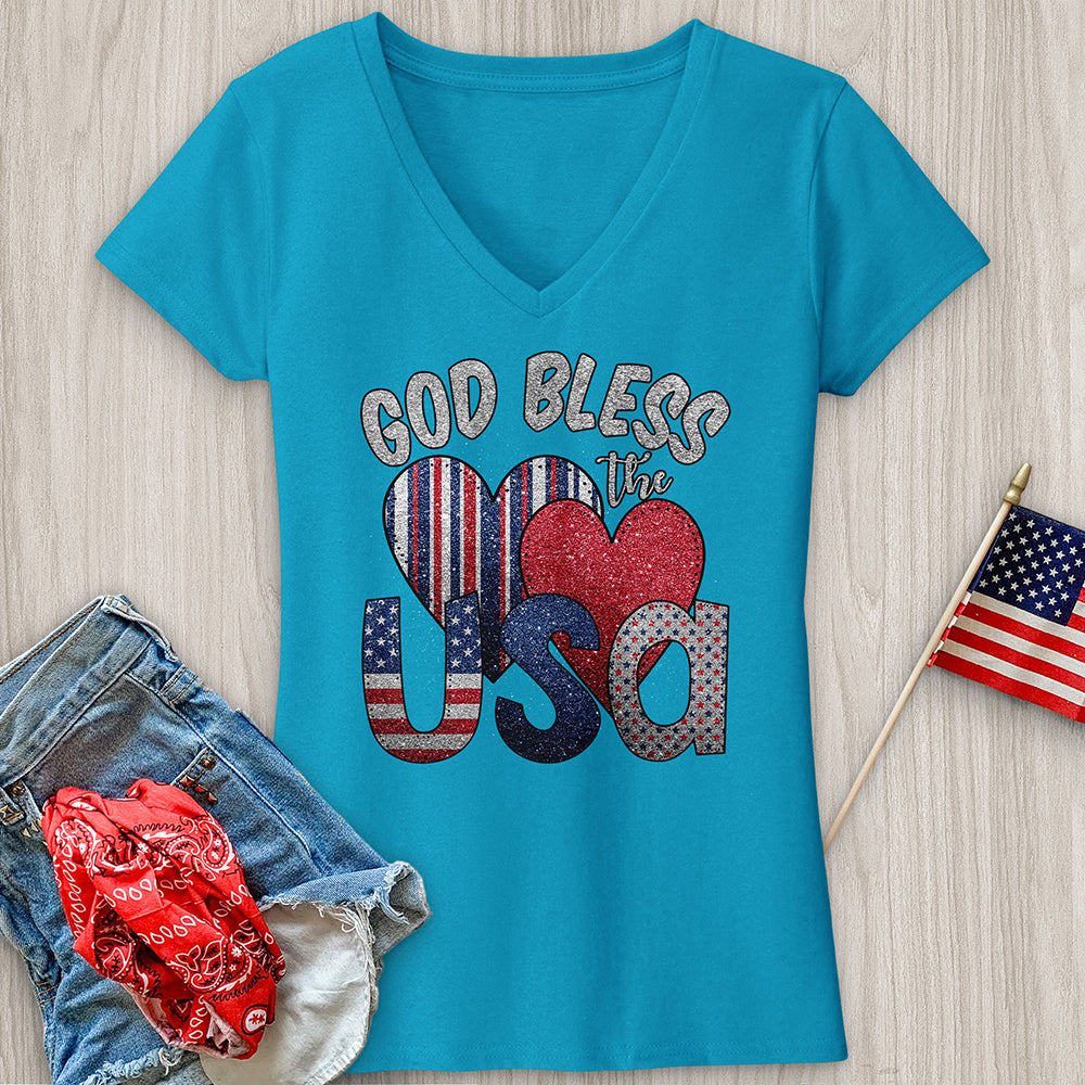 God Bless USA Sparkling V-Neck Tee