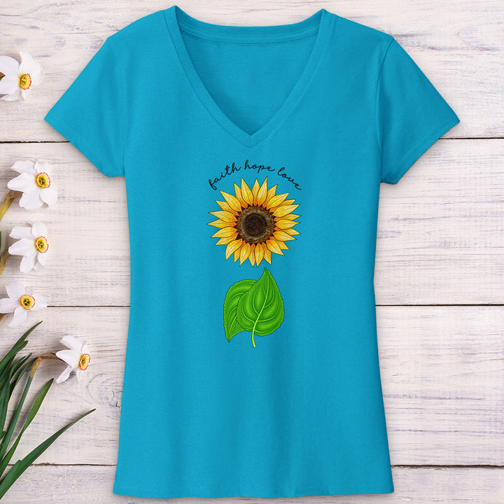 Faith Hope Love Sunflower Art V-Neck Tee