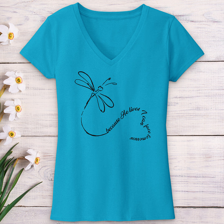 Because He Lives Dragonfly Heart V-Neck Tee