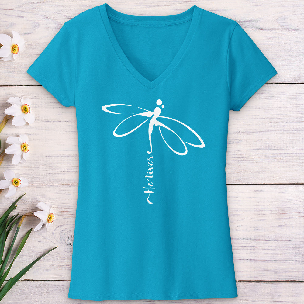 He Lives Dragonfly White V-Neck Tee