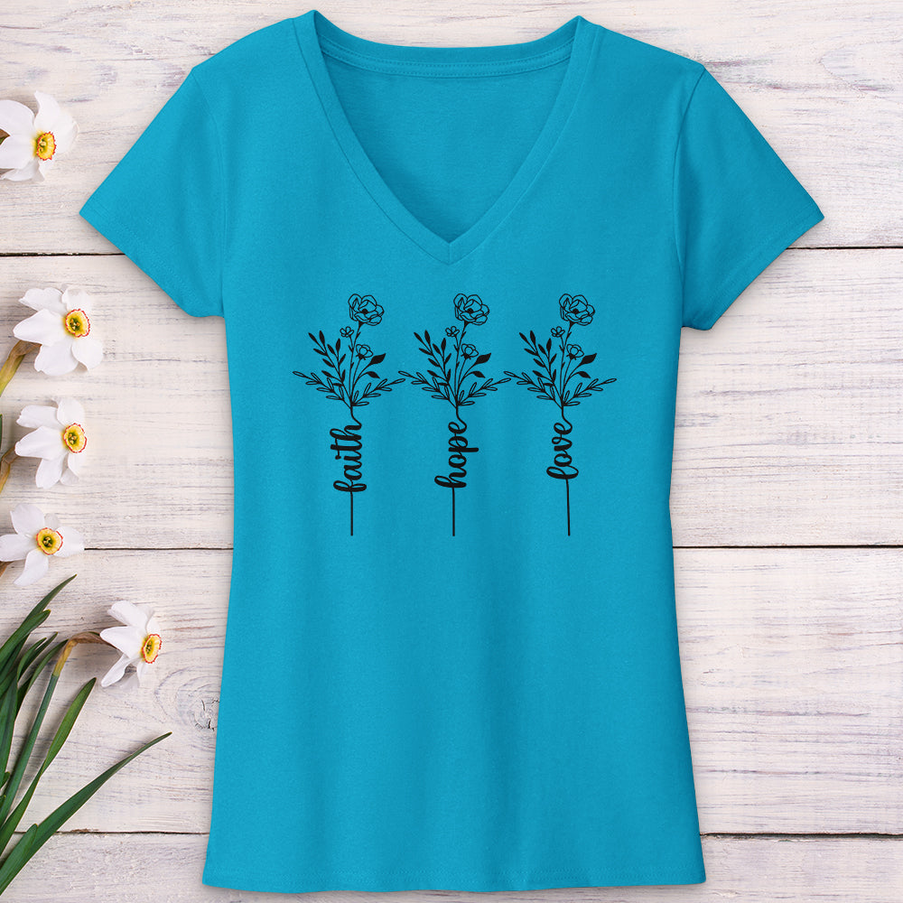 Faith Hope Love Spring Flowers V-Neck Tee