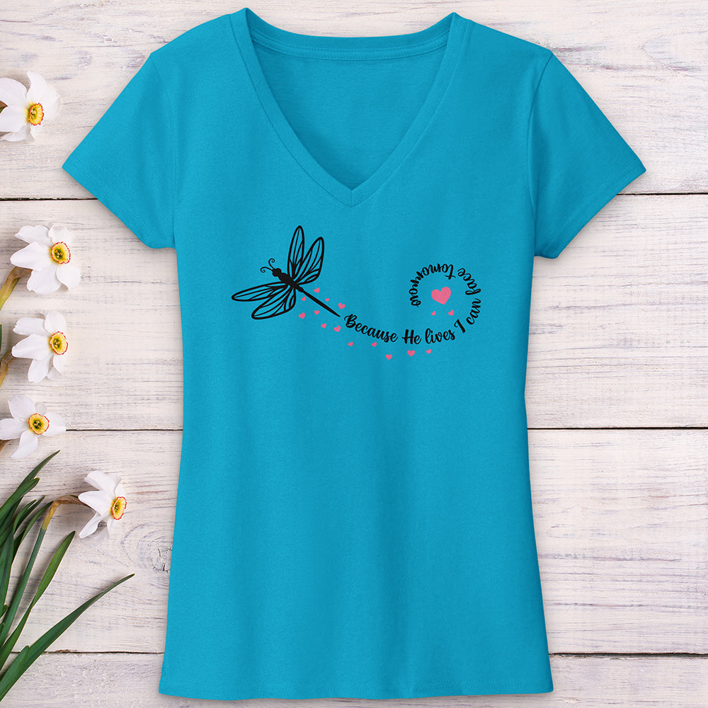 Because He Lives Dragonfly V-Neck Tee