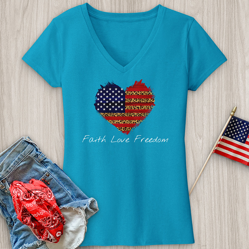 Faith Love Freedom Leopard Heart V-Neck Tee