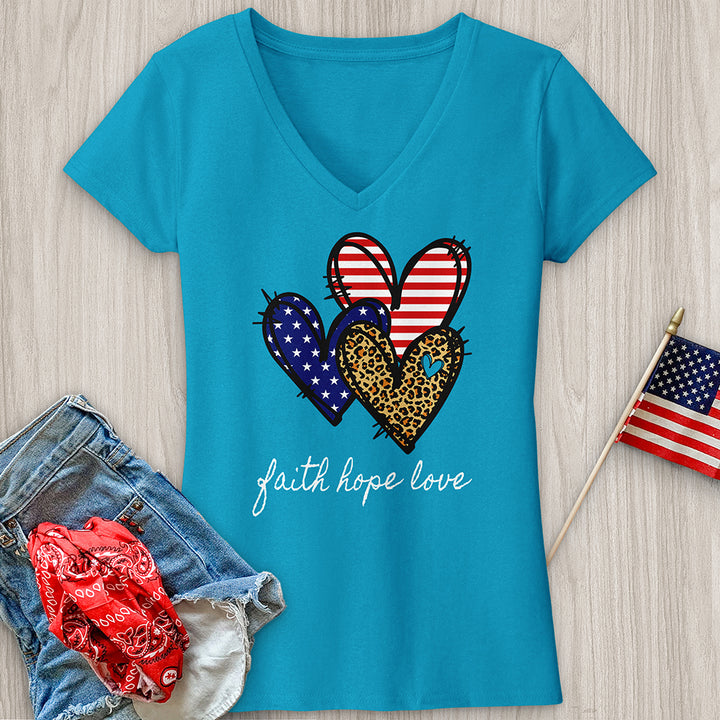 Faith Hope Love Pattern Hearts V-Neck Tee