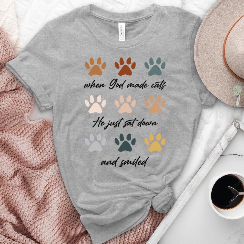 When God Created Cats Paw Prints Heathered Tee