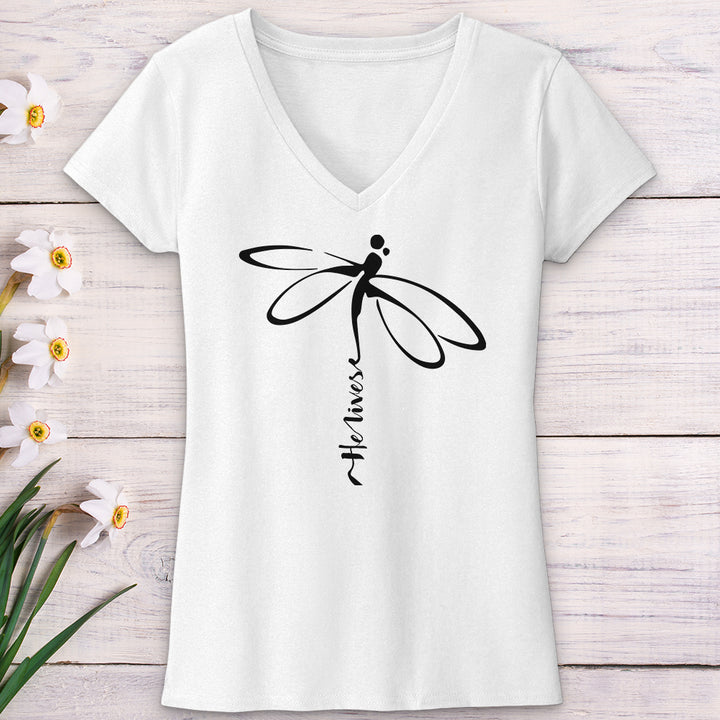 He Lives Dragonfly V-Neck Tee