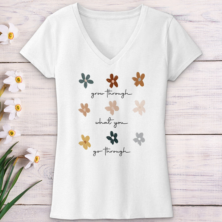 Grow Through Flower Pattern V-Neck Tee