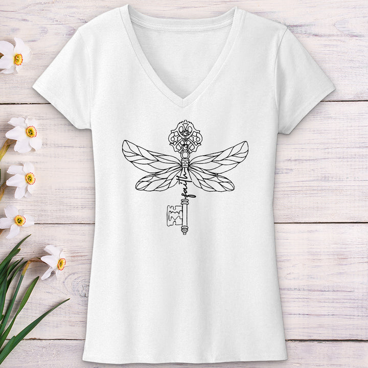 Faith Key Dragonfly V-Neck Tee