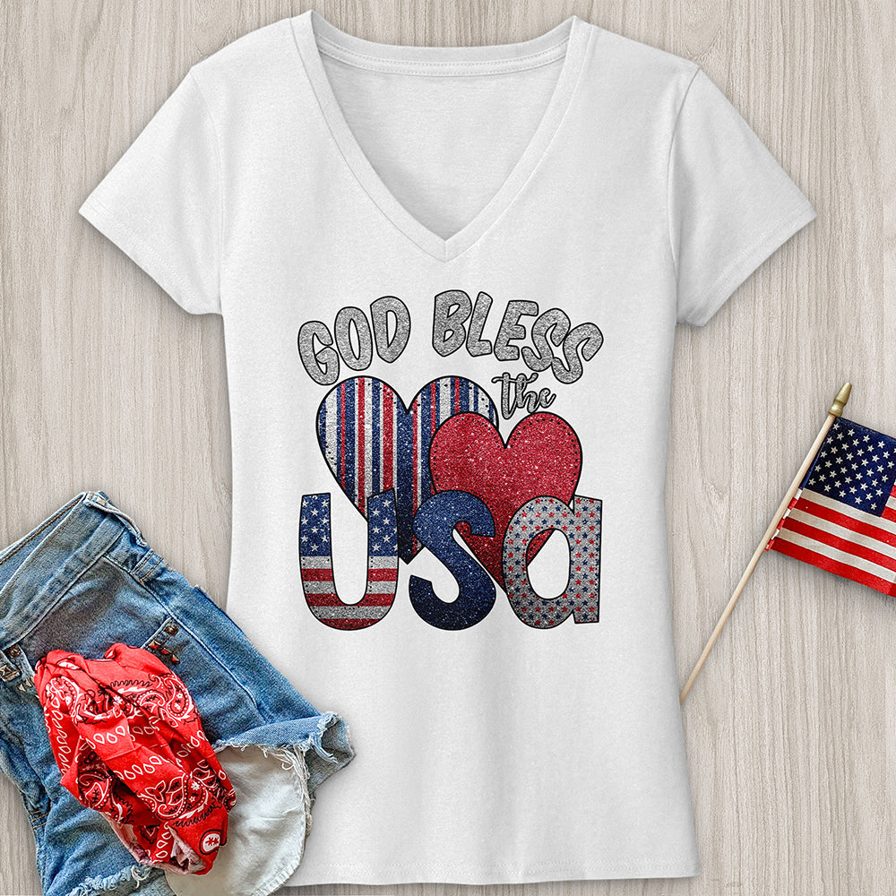 God Bless USA Sparkling V-Neck Tee