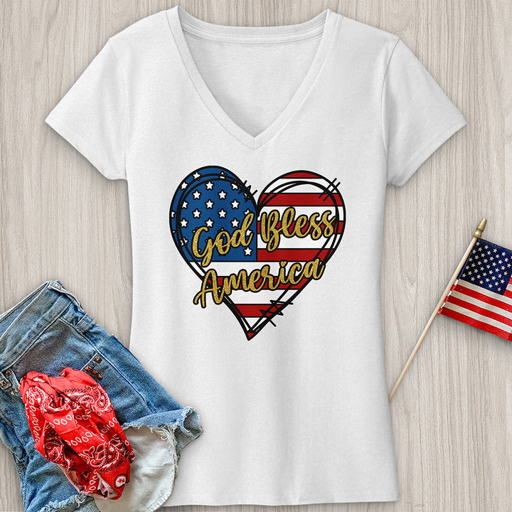 God Bless Gold Letters V-Neck Tee