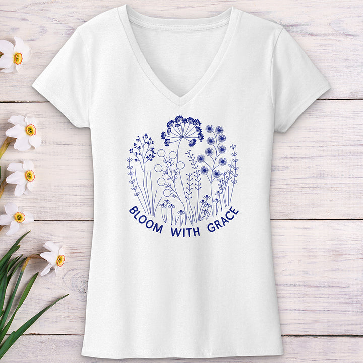 Bloom With Grace Royal Flowers V-Neck Tee