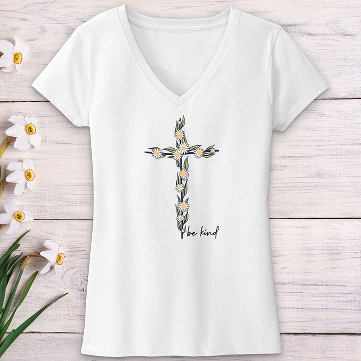 Be Kind Floral Cross V-Neck Tee