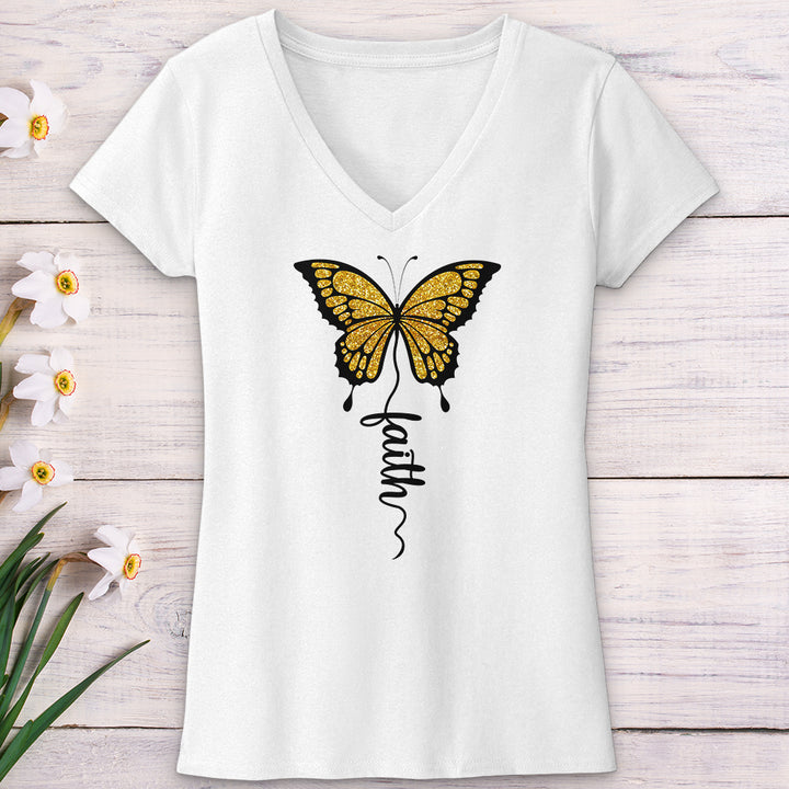 Gold Faith Butterfly V-Neck Tee