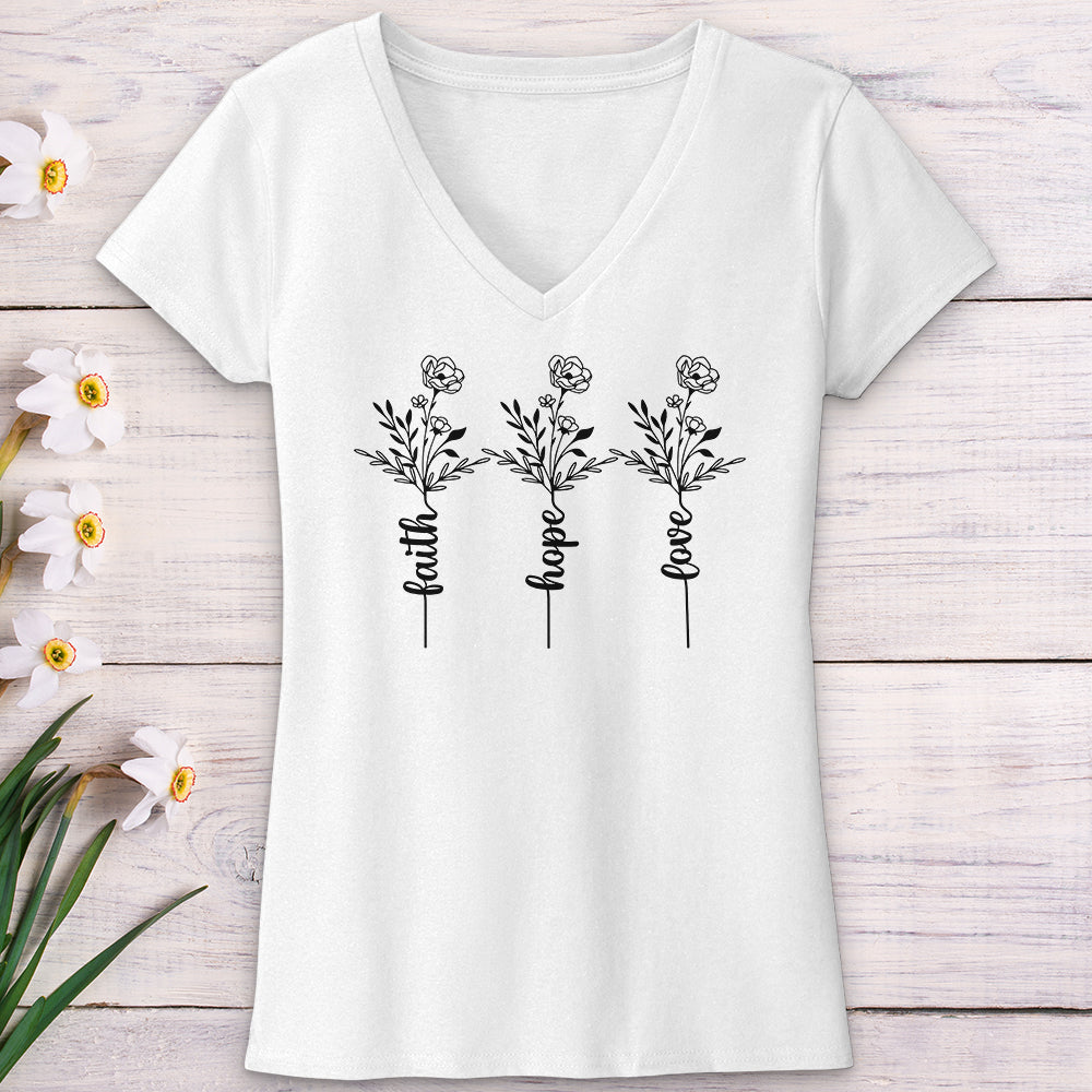 Faith Hope Love Spring Flowers V-Neck Tee