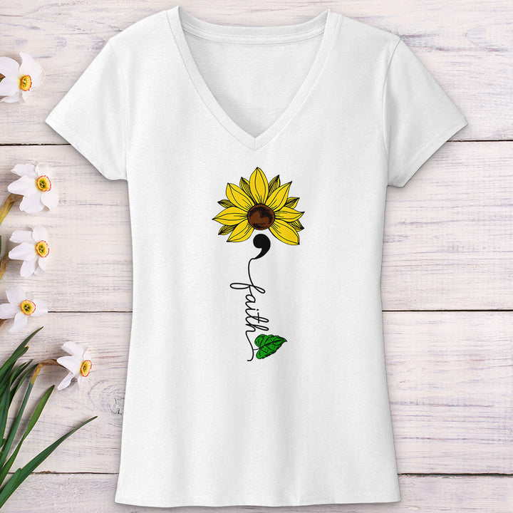 Faith Semicolon Sunflower V-Neck Tee