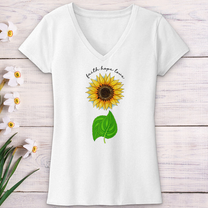 Faith Hope Love Sunflower Art V-Neck Tee