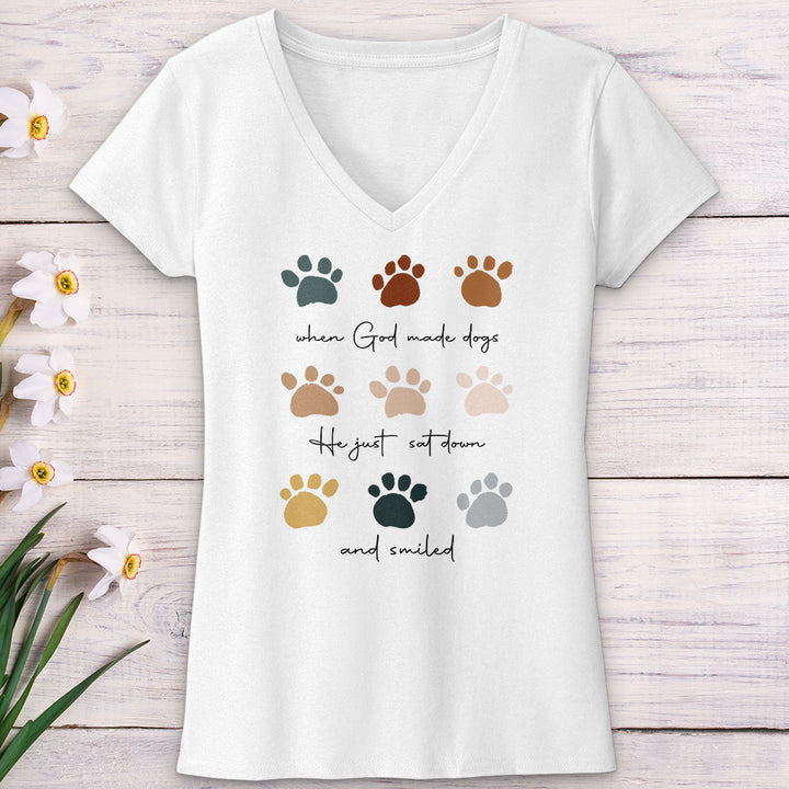 When God Created Dogs Paw Prints V-Neck Tee