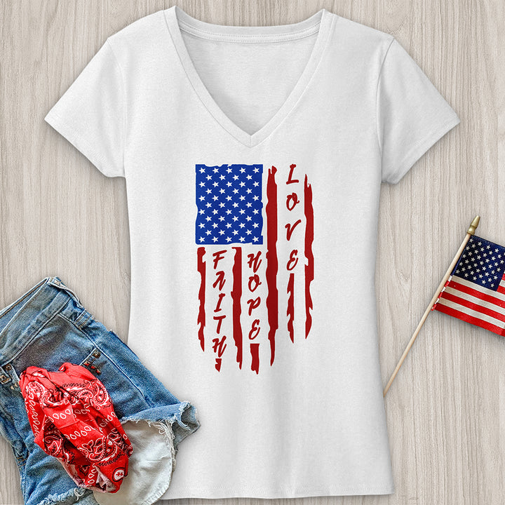 Faith Hope Love Flag V-Neck Tee