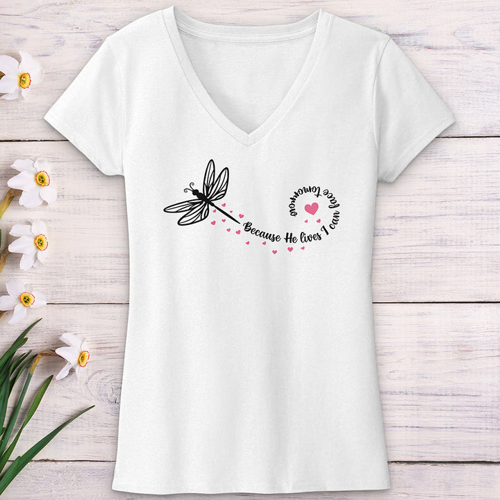 Because He Lives Dragonfly V-Neck Tee