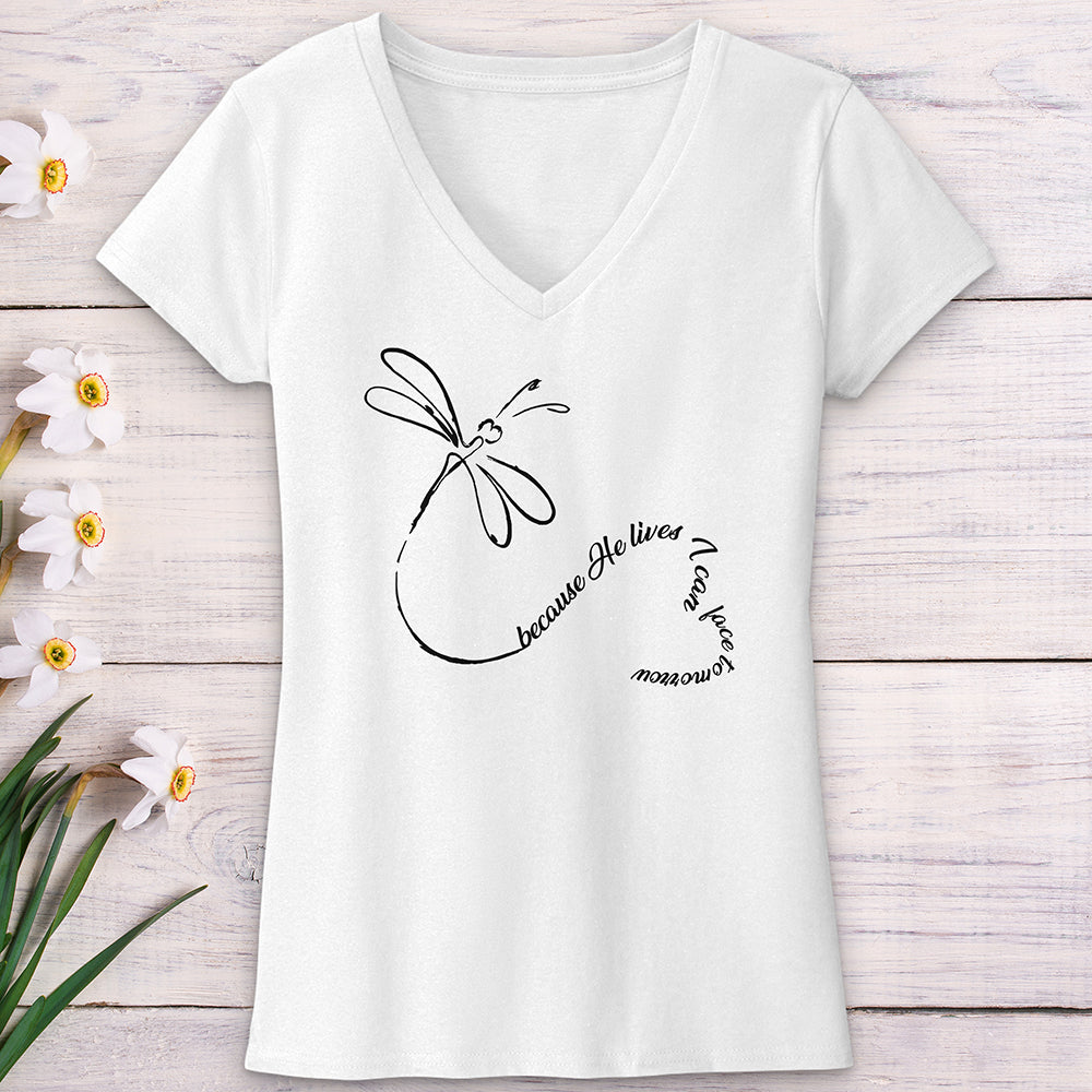 Because He Lives Dragonfly Heart V-Neck Tee