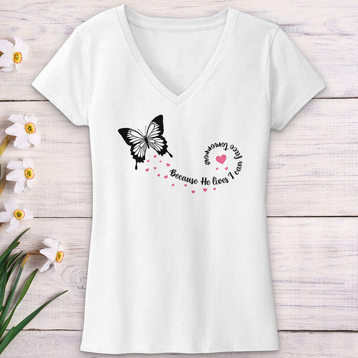 Because He Lives Butterfly V-Neck Tee