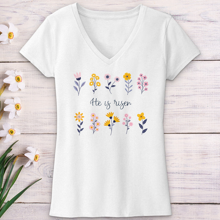 He Is Risen Flower Pattern V-Neck Tee