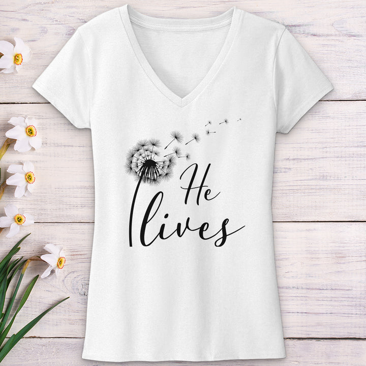 He Lives Dandelion V-Neck Tee