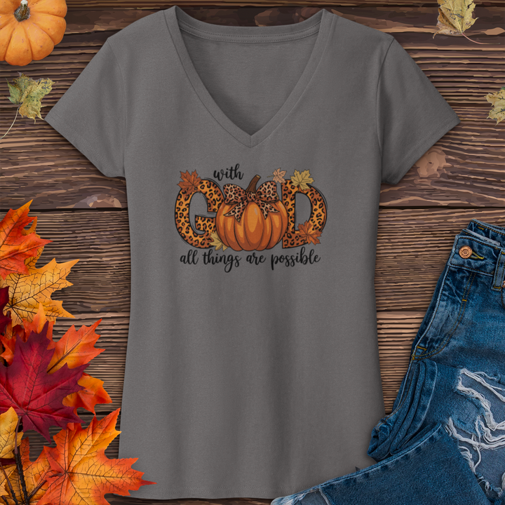 With God All Things Are Possible Pumpkin V-Neck Tee