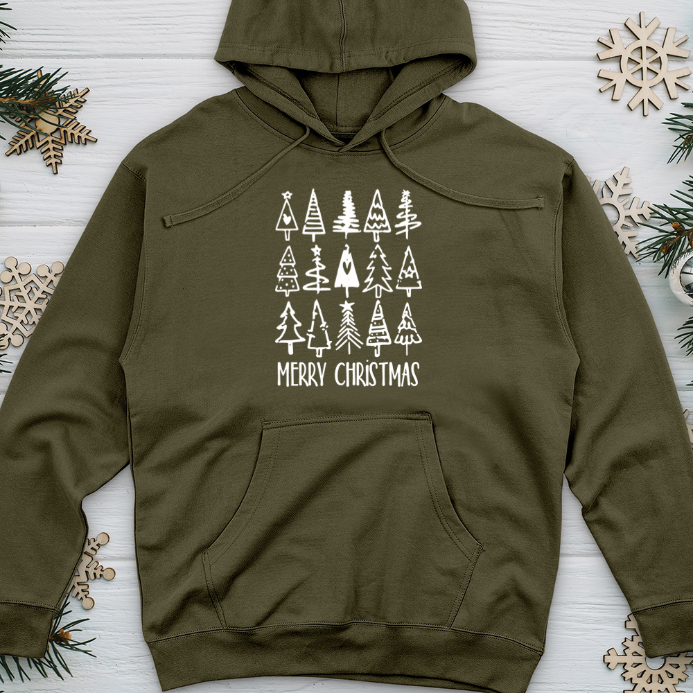 Merry Christmas Tree Pattern Midweight Hooded Sweatshirt