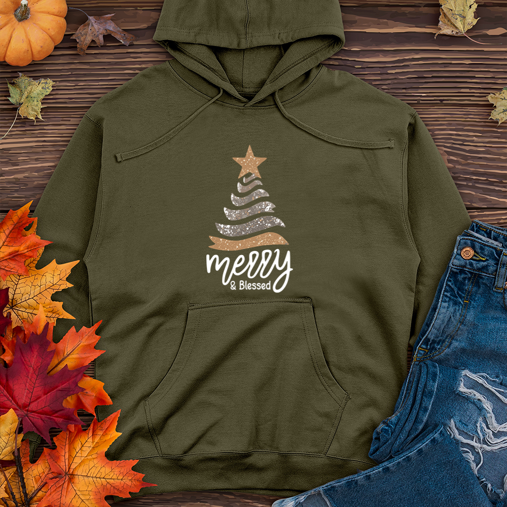 Merry & Blessed Sparkling Tree Midweight Hooded Sweatshirt