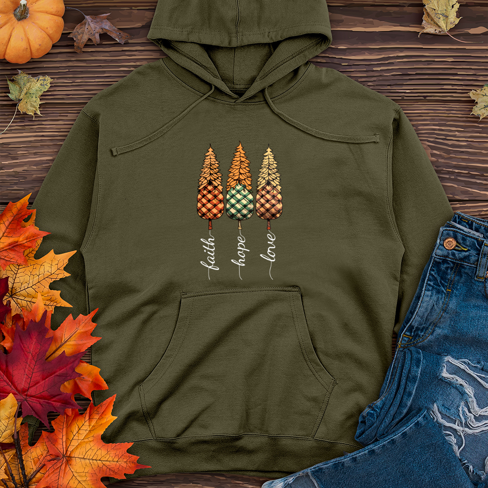 Faith Hope Love Plaid Trio Pine Trees Midweight Hooded Sweatshirt