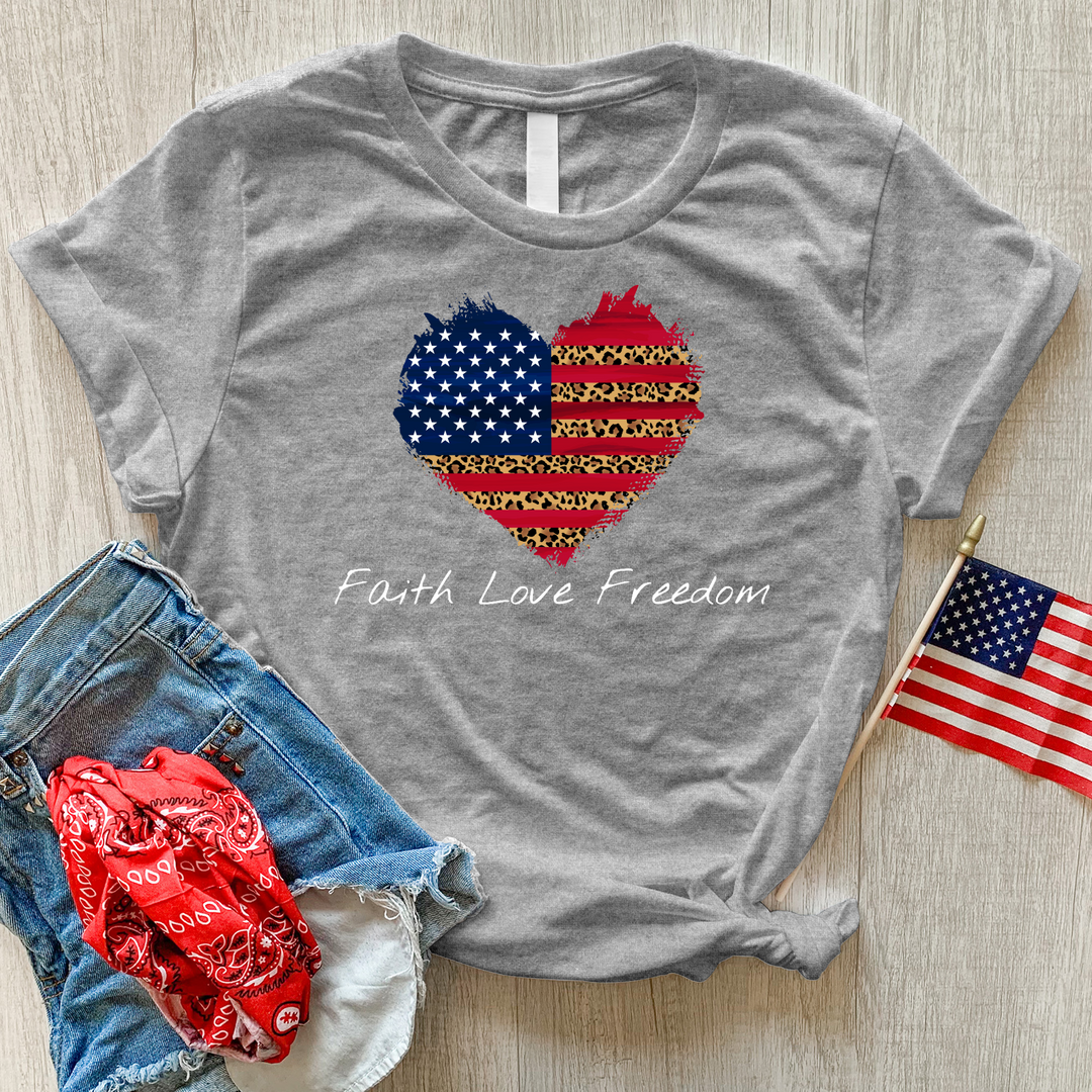 Faith Love Freedom Leopard Heart Heathered Tee