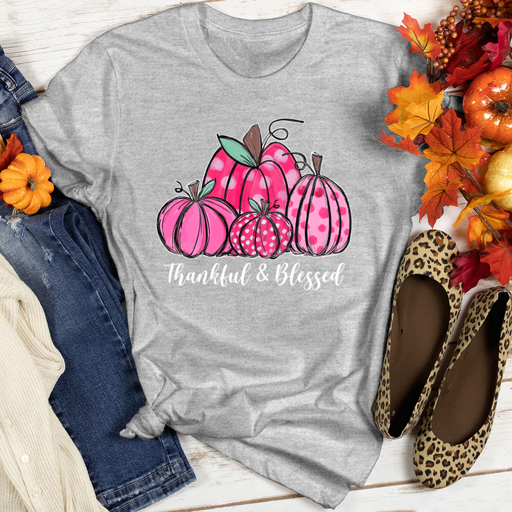 Thankful Blessed Pink Pumpkins Heathered Tee