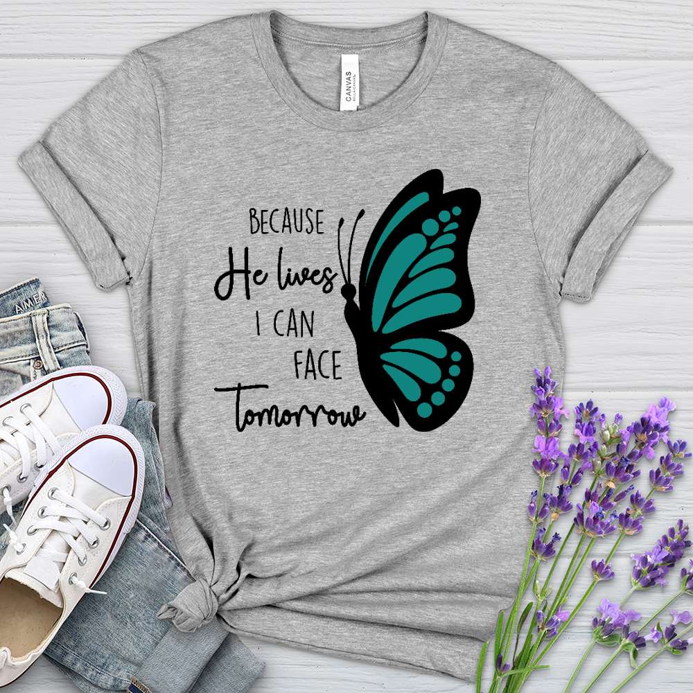Because He Lives Butterfly 2 Heathered Tee