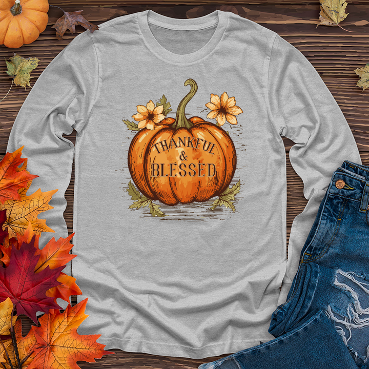 Thankful & Blessed Floral Pumpkin Long Sleeve Tee